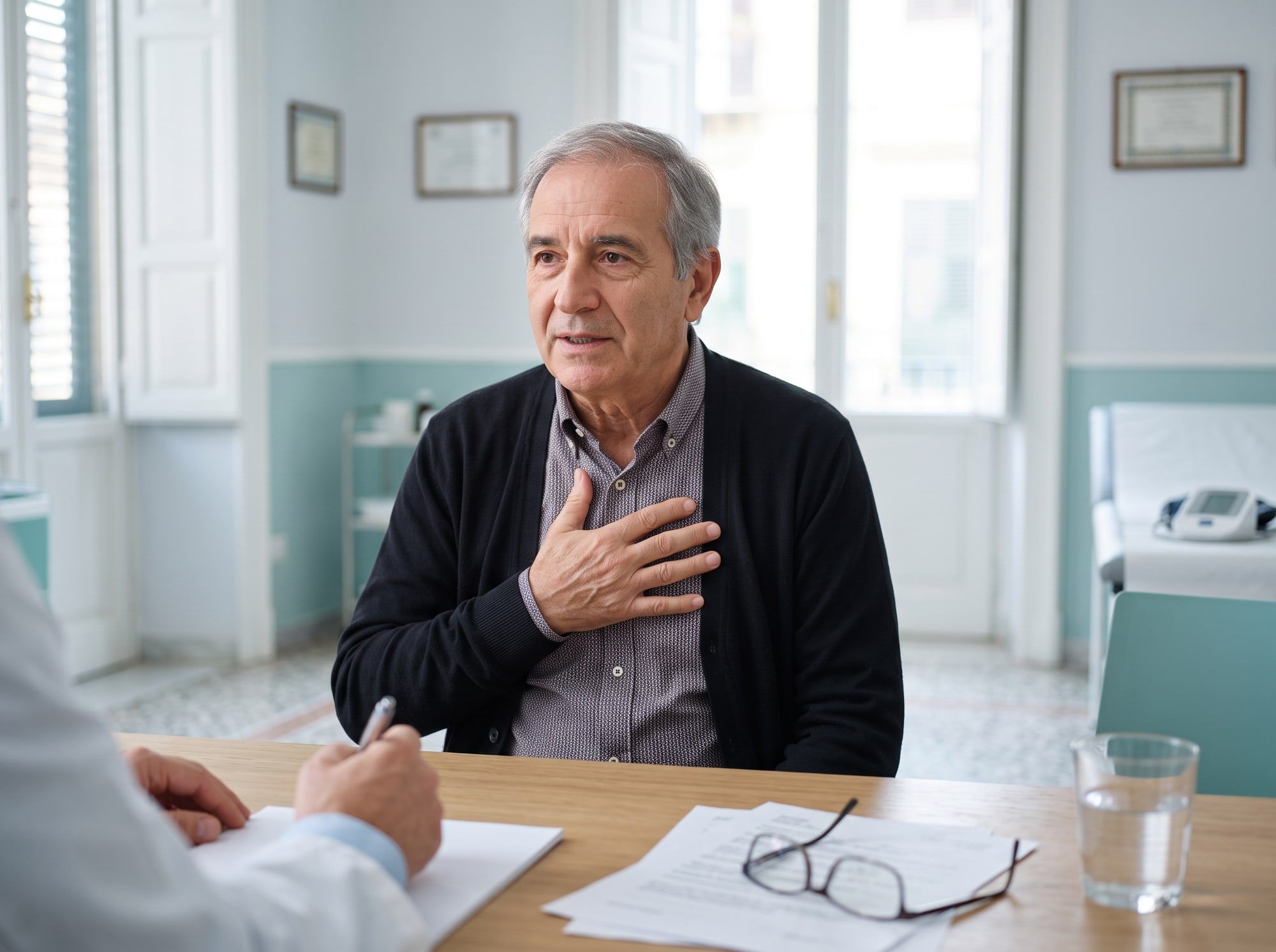 Paziente con la mano sul petto mentre descrive un sintomo al medico